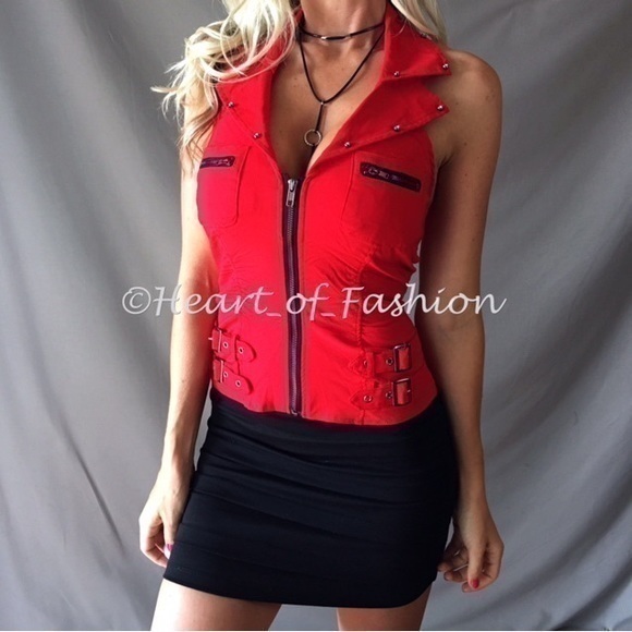 Tops - Women's SEXY Zip Front Buckle Detail Embellished Fitted Halter Vest Club Top